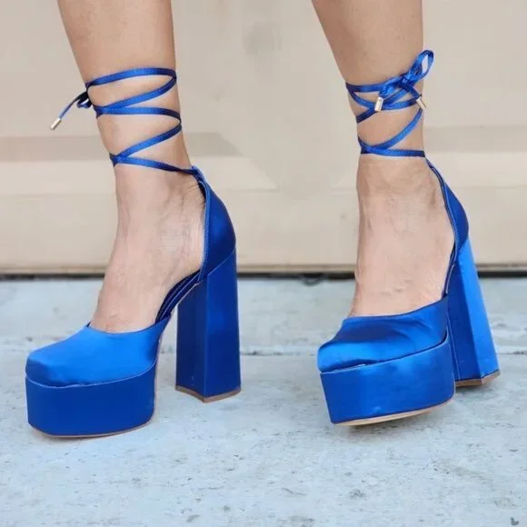 Womens Satin Platform Chunky Lace Up Heels Blue Color - Picture 1 of 5